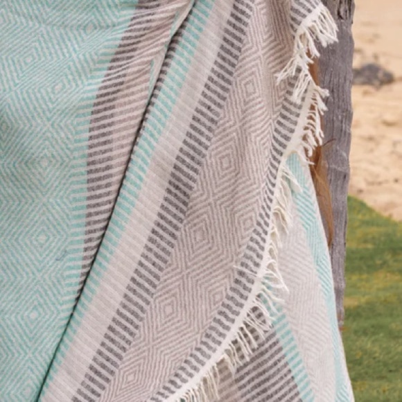 Loom Weave Hand Crafted 2 Side Organic Cotton Travel Blanket Wrap Gray Aqua Tan - Picture 3 of 14